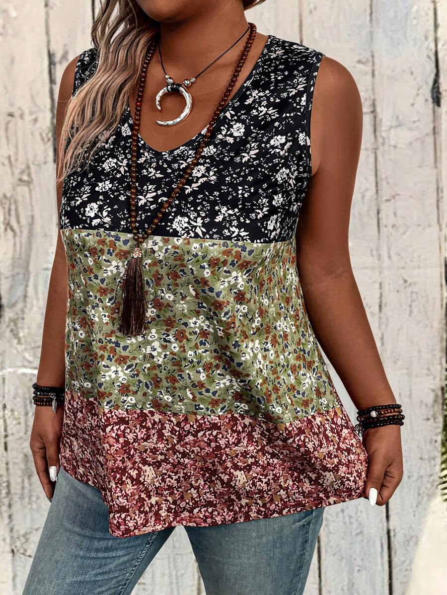 Woman wearing a sleeveless floral top with a wooden background