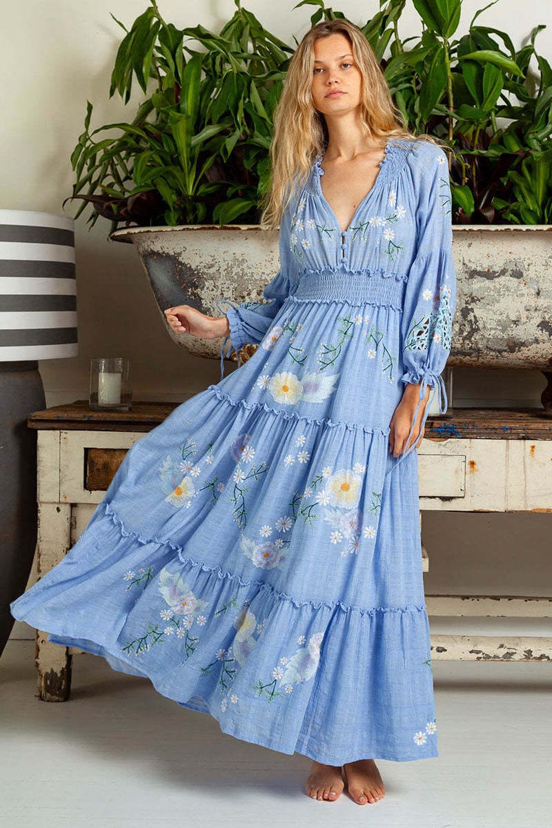 Buddhatrends Blue / S Embroidered Fringed V-Neck Dress