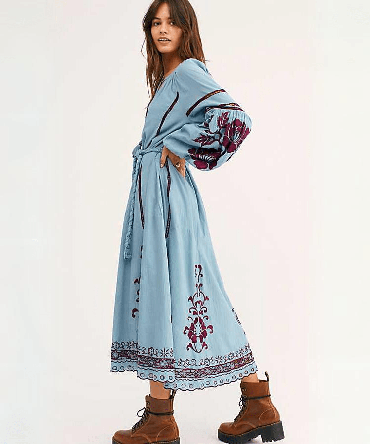 Buddhatrends Boho Chic Blue & Red Embroidered Dress