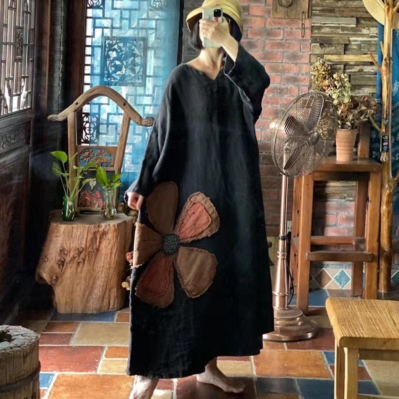 Buddhatrends Chinese Dress Black / One Size Flower Power Loose Linen Patchwork Dress