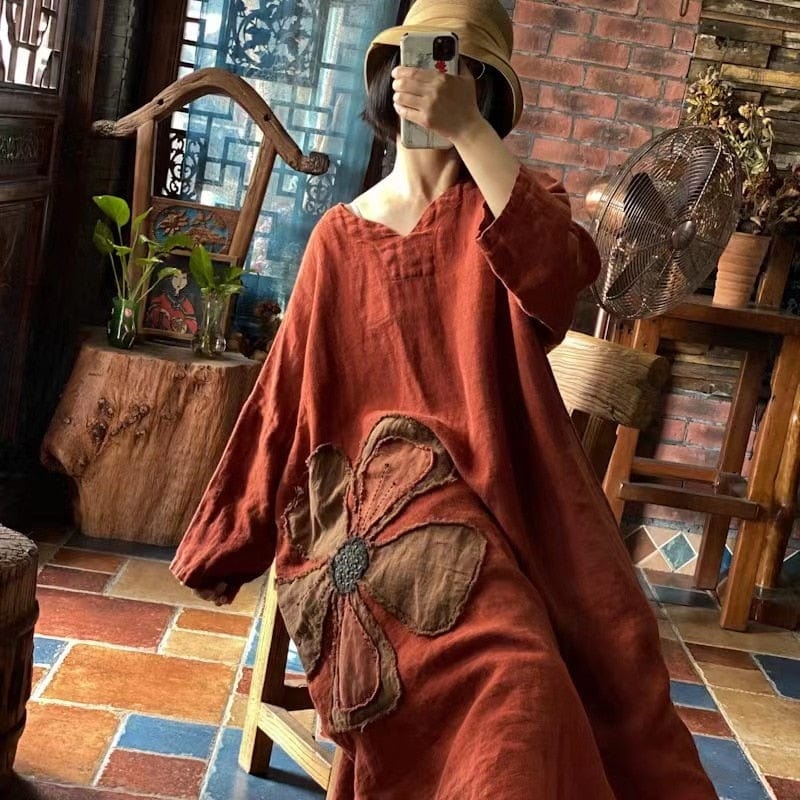 Buddhatrends Chinese Dress Burned Orange / One Size Flower Power Loose Linen Patchwork Dress