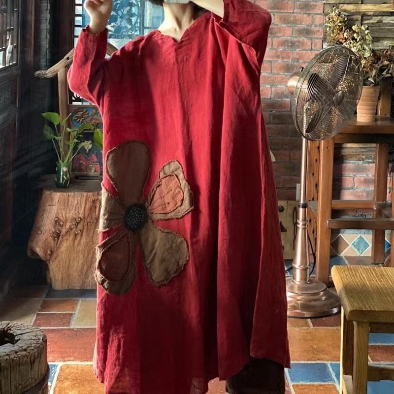 Buddhatrends Chinese Dress Red / One Size Flower Power Loose Linen Patchwork Dress
