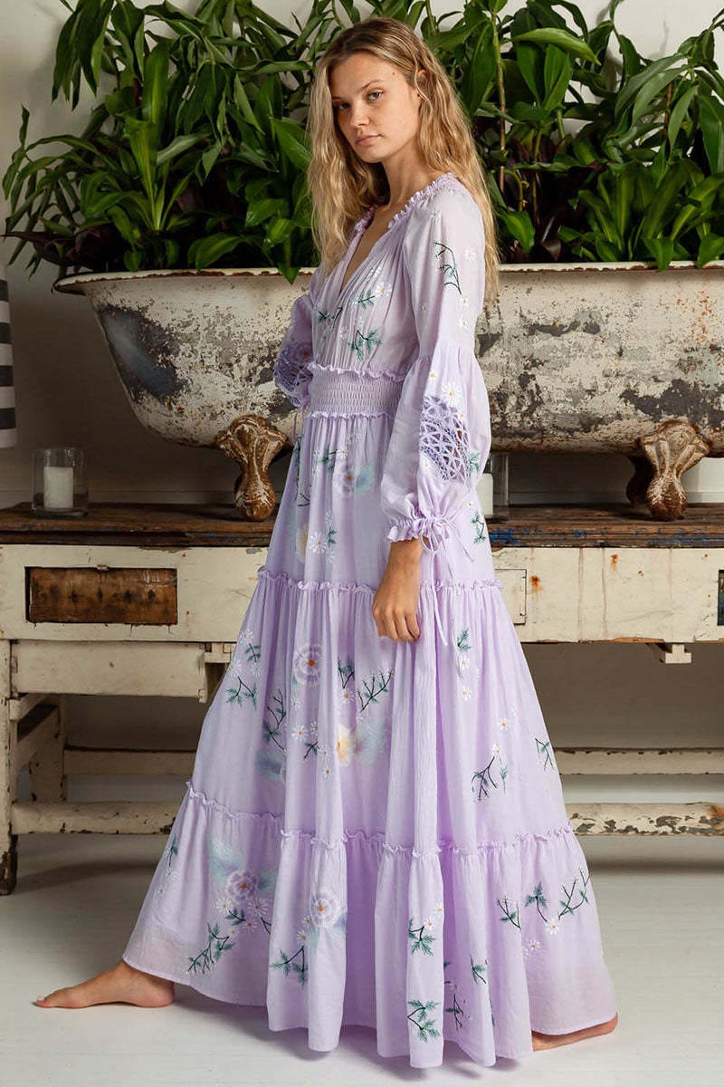 Buddhatrends Embroidered Fringed V-Neck Dress