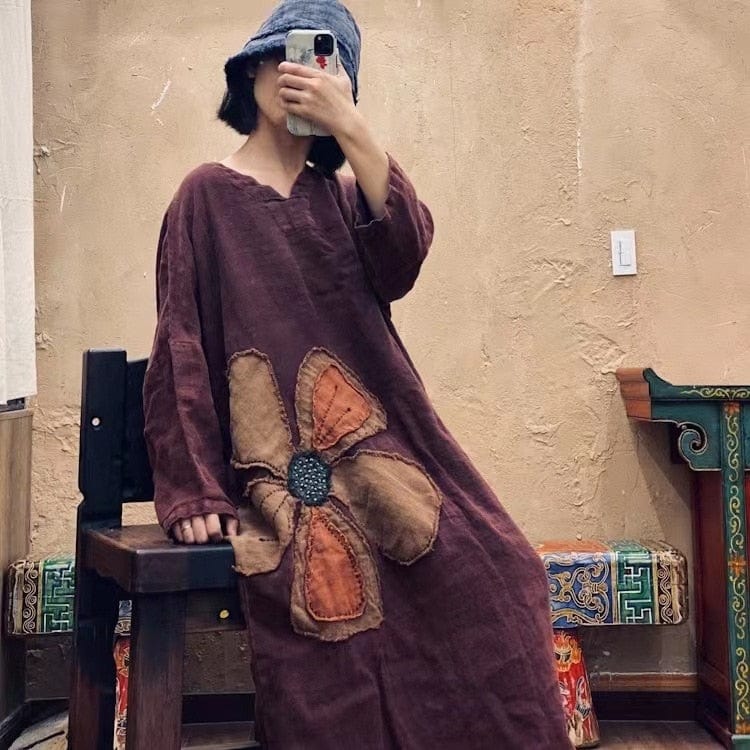 Buddhatrends Flower Power Loose Linen Patchwork Dress