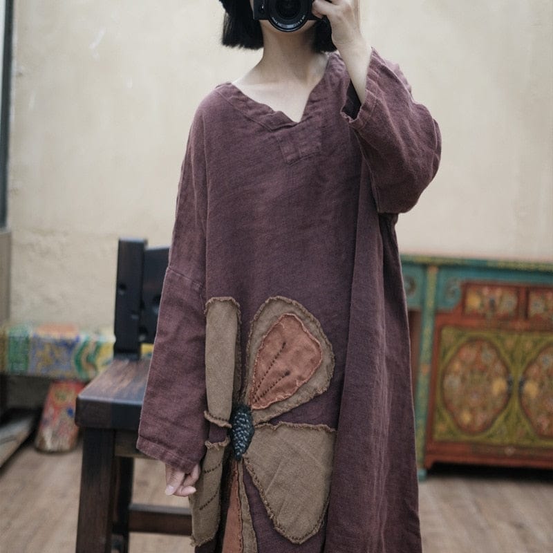 Buddhatrends Flower Power Loose Linen Patchwork Dress