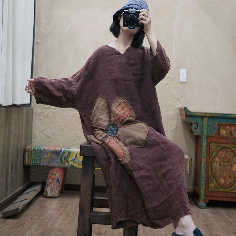 Buddhatrends Flower Power Loose Linen Patchwork Dress