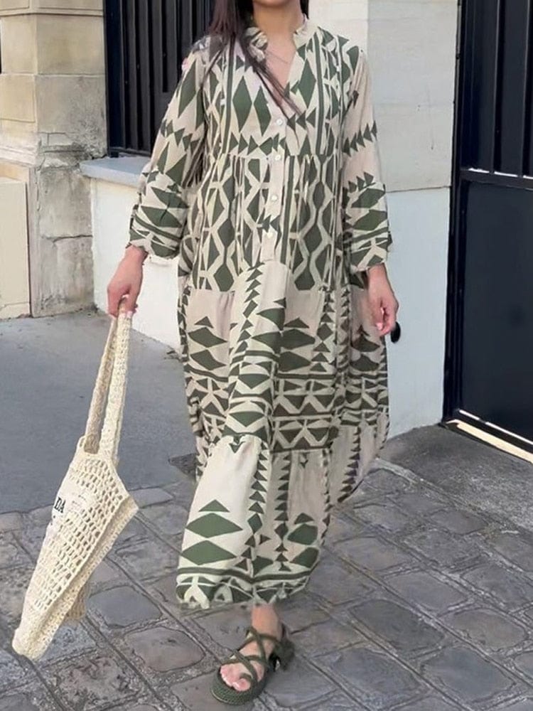 Buddhatrends Green / S Tribal Art Button Up Maxi Dress