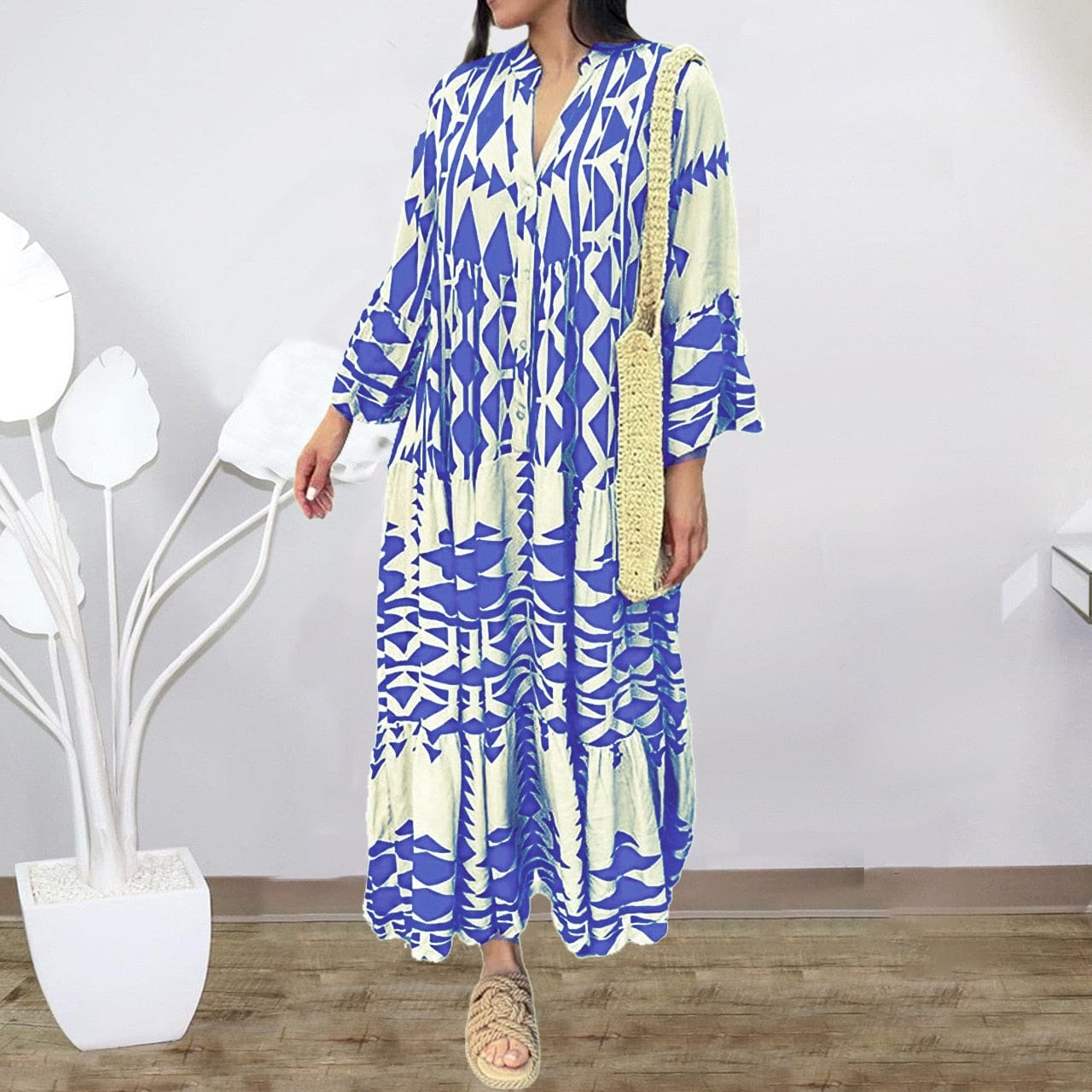 Buddhatrends Light blue / S Tribal Art Button Up Maxi Dress