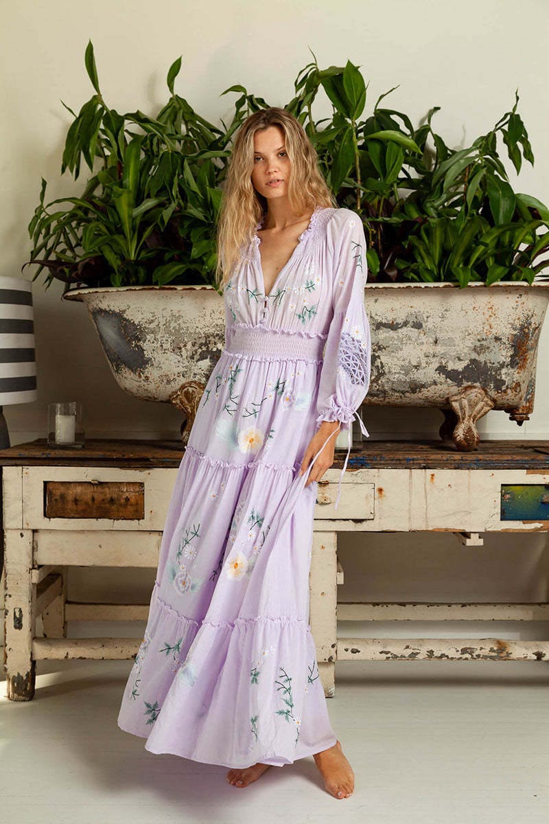 Buddhatrends Light Purple / S Embroidered Fringed V-Neck Dress