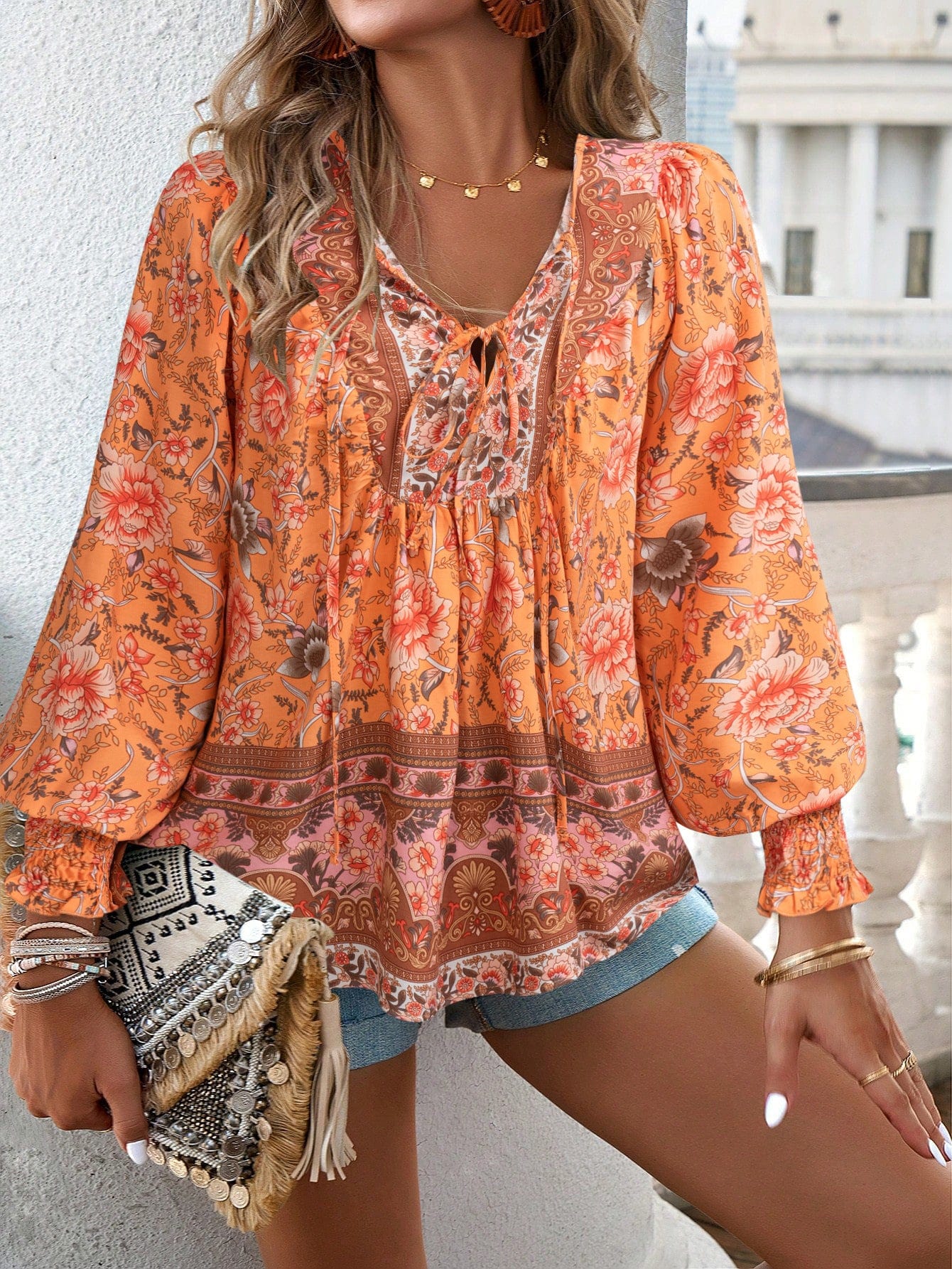 Buddhatrends Orange / S Luna Essence Bohemian Loose Fit Top