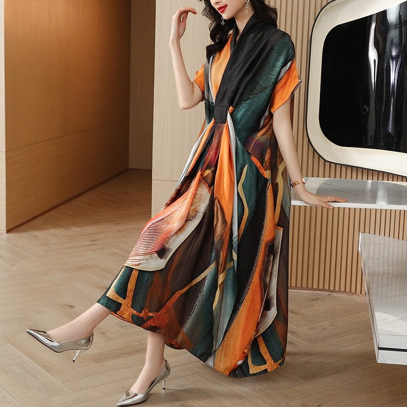 Buddhatrends Print Natural Silk Flare Sleeve Midi Dress