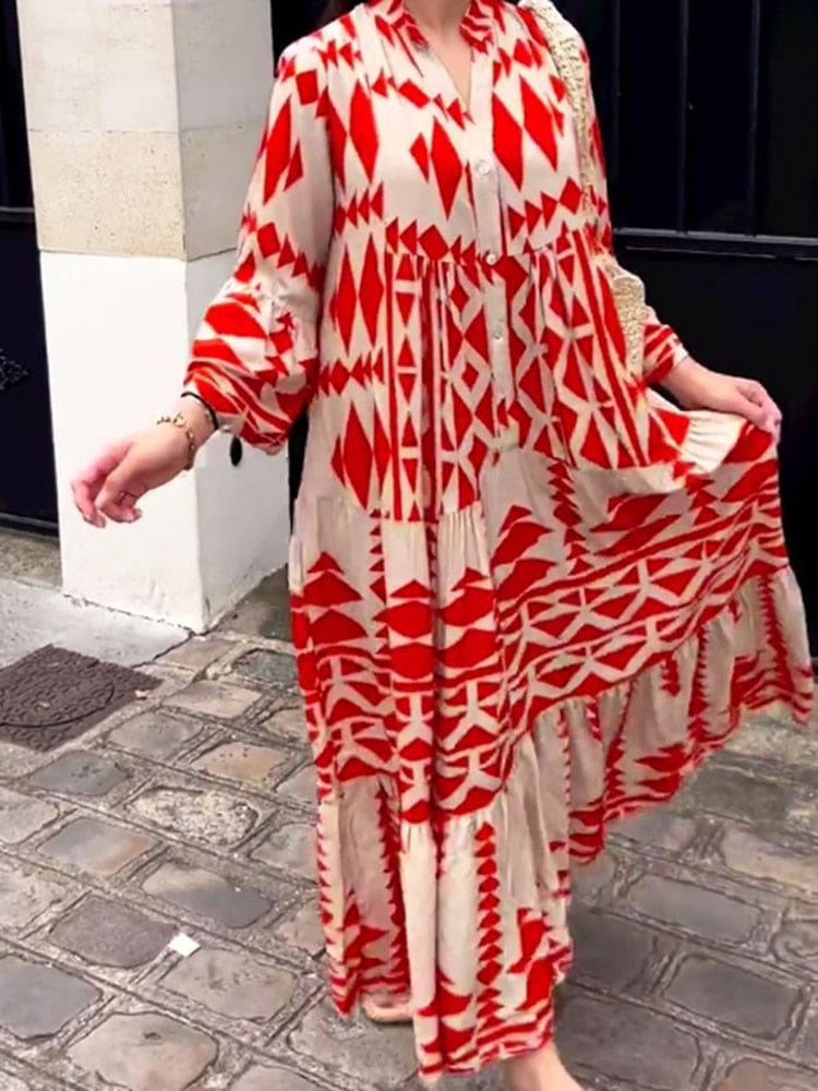 Buddhatrends Red / S Tribal Art Button Up Maxi Dress