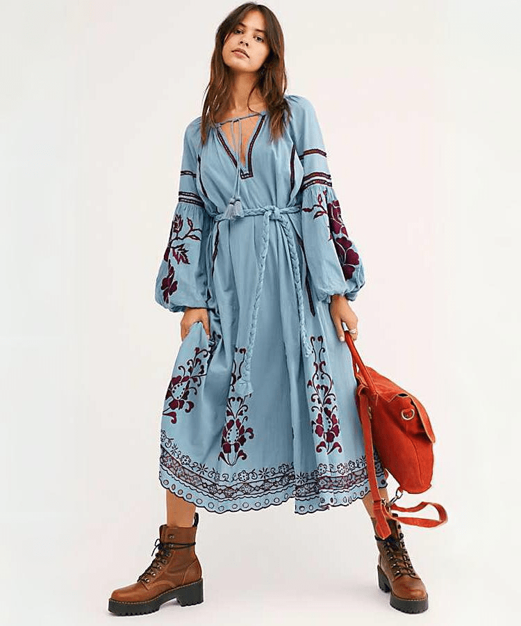 Buddhatrends S Boho Chic Blue & Red Embroidered Dress