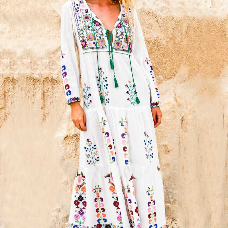 Boho Inspired Floral Embroidered Maxi Dress – Buddhatrends