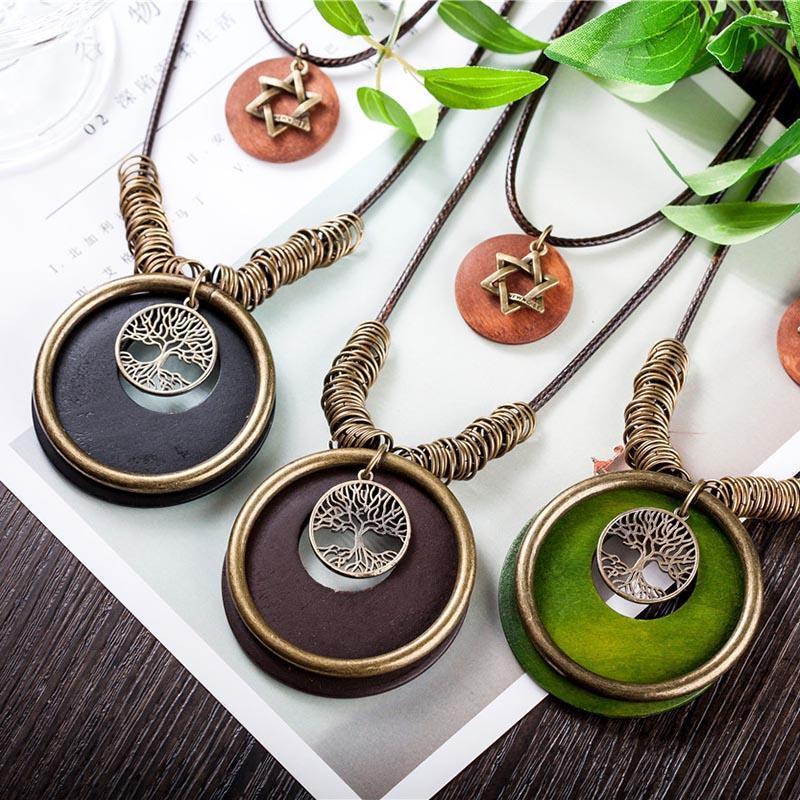 Buddha Trends 6 Pointed Star with Tree Of Life Wooden Necklace