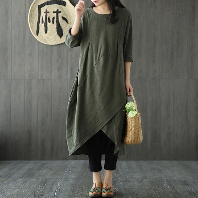 Buddha Trends Army Green / L Plus Size Crew Neck Asymmetric Split Tunic