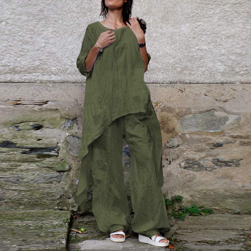 Buddha Trends Army Green / S Celmia Long Asymmetrical Shirt + Pants Set