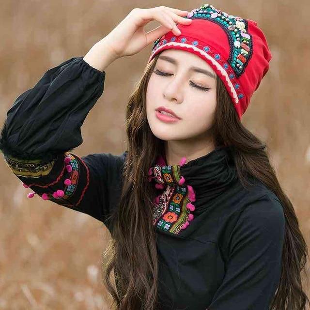 Buddha Trends Beanie Hats Red Embroidered Beaded Hippie Hats