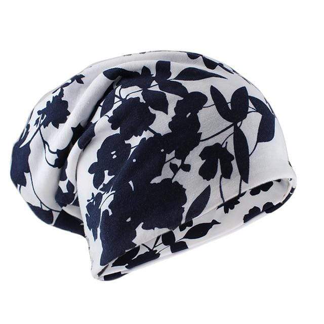 Buddha Trends Beanie Hats White & Blue Floral Beanie Hat