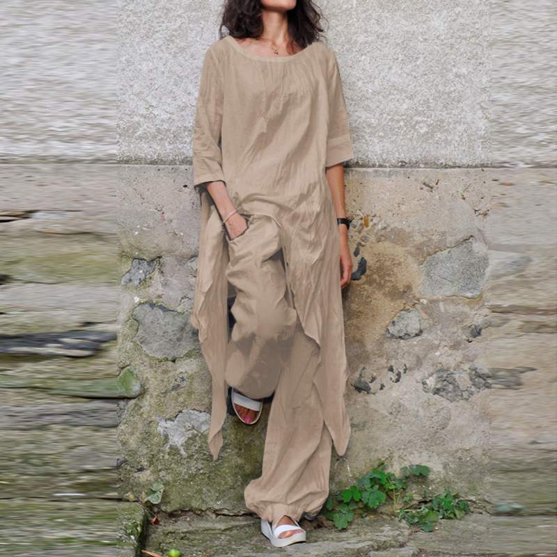Buddha Trends Beige / S Celmia Long Asymmetrical Shirt + Pants Set