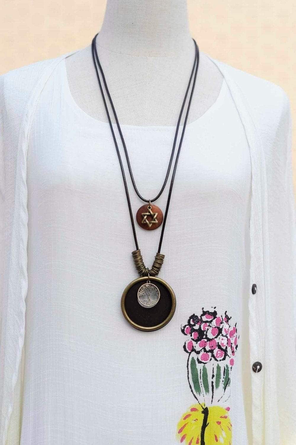 Buddha Trends Black 6 Pointed Star with Tree Of Life Wooden Necklace