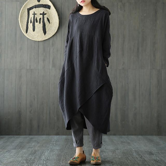 Buddha Trends Black / L Plus Size Crew Neck Asymmetric Split Tunic