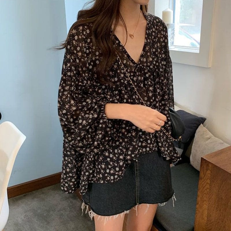Buddha Trends Black / M Lily of The Incas Puff Sleeve Floral Blouse