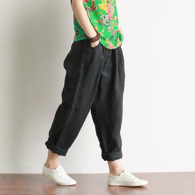 Buddha Trends Black / One Size Casual Literary Roll-up Trousers | Zen
