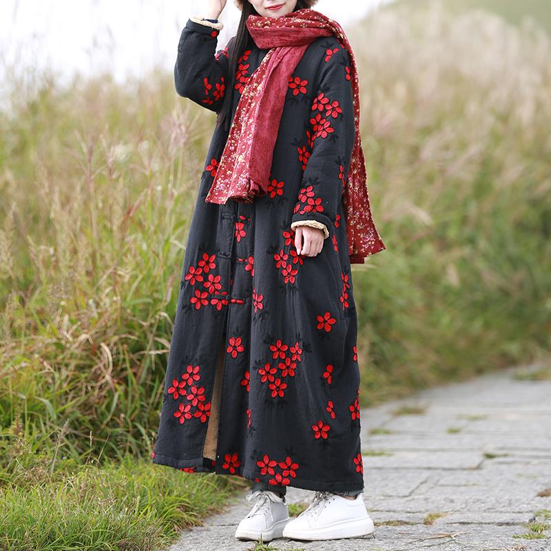 Buddha Trends Black / One Size Floral Embroidered Trench Coat