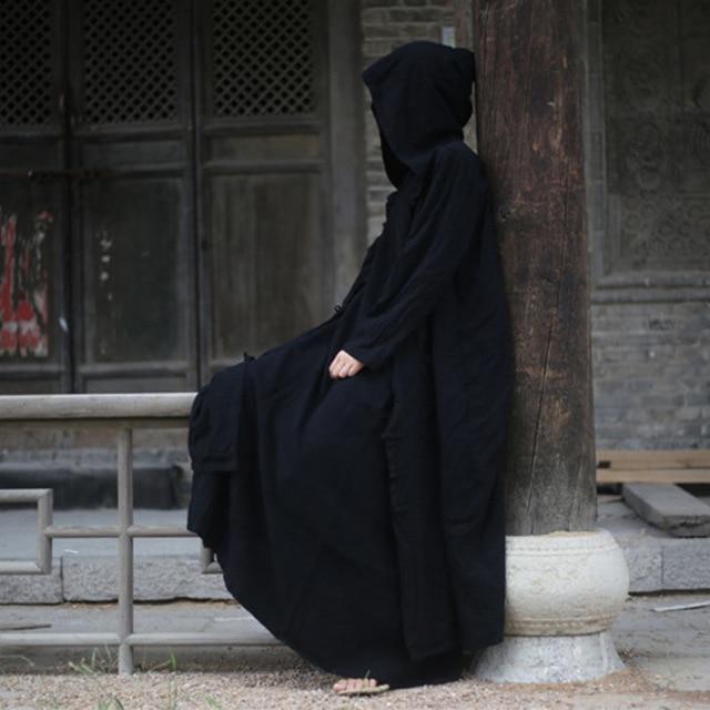 Buddha Trends Black / One Size Vivid Linen Hooded Trench Coat | Zen