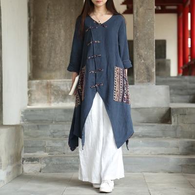 Buddha Trends blue / One Size Chinese Style Draped Linen Shirt | Zen