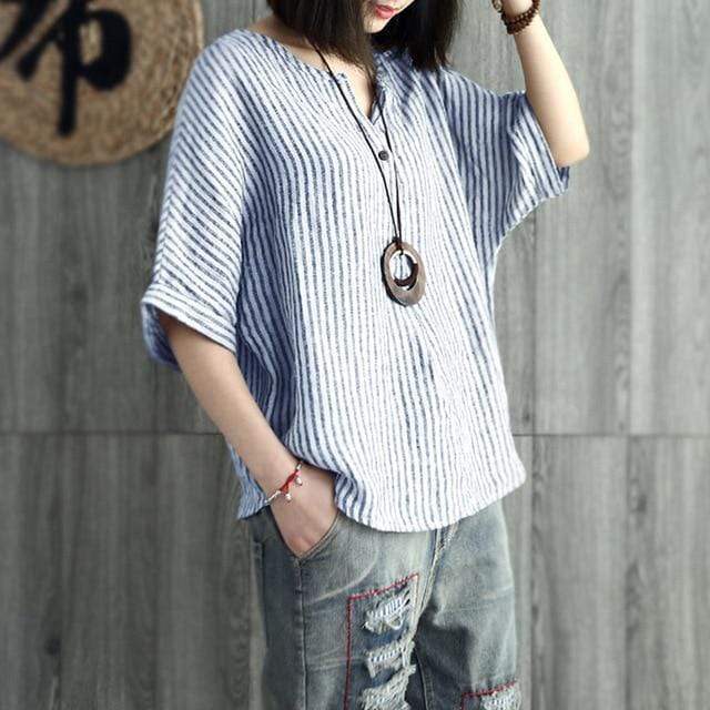 Buddha Trends Blue / S Oversized Plus Size Striped T-Shirt