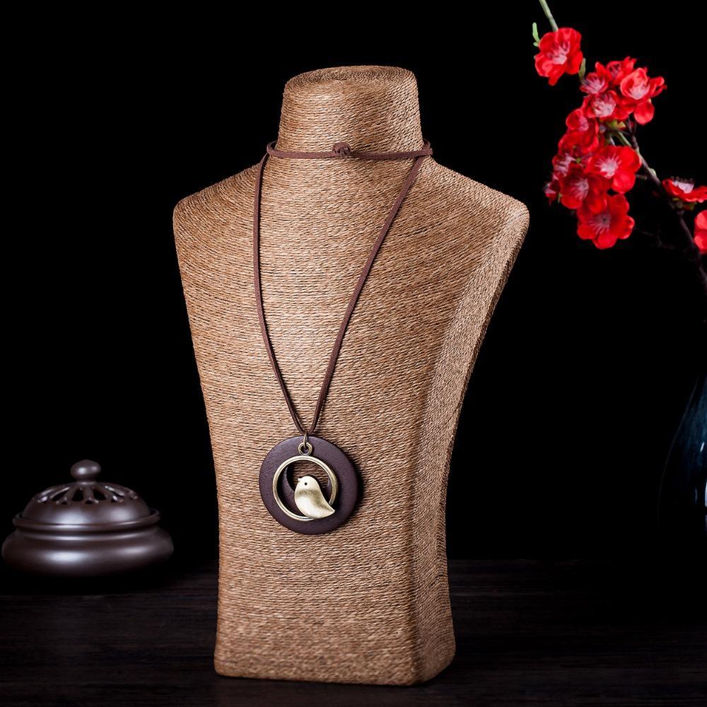 Buddha Trends Brown Cute Bird Geometric Wooden Pendant Necklace