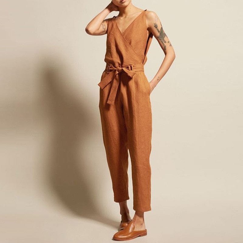 Buddha Trends Caramel / S Casual Chic V Neck Sleeveless Overall