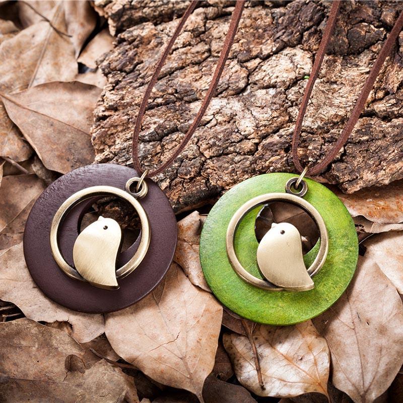 Buddha Trends Cute Bird Geometric Wooden Pendant Necklace