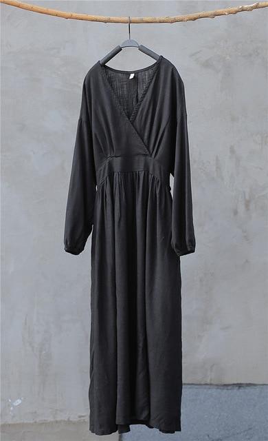 Buddha Trends Dress Black / One Size Empire Waist Cotton Linen Casual Dress | Zen