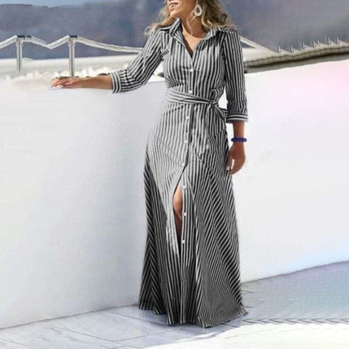 Buddha Trends Dress Black & White / L My Destiny Striped Maxi Shirt Dress