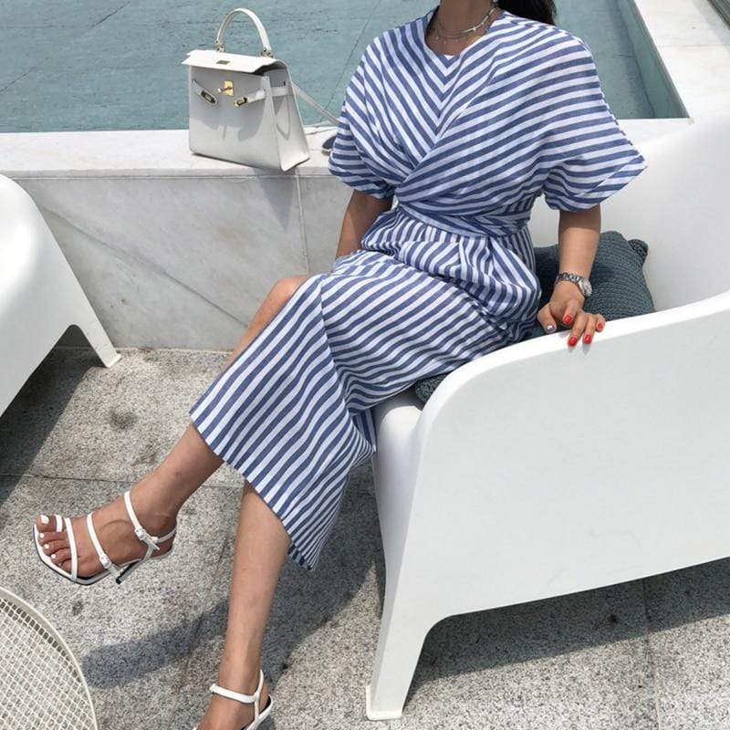 Buddha Trends Dress Blue and White Striped Bandage Dress