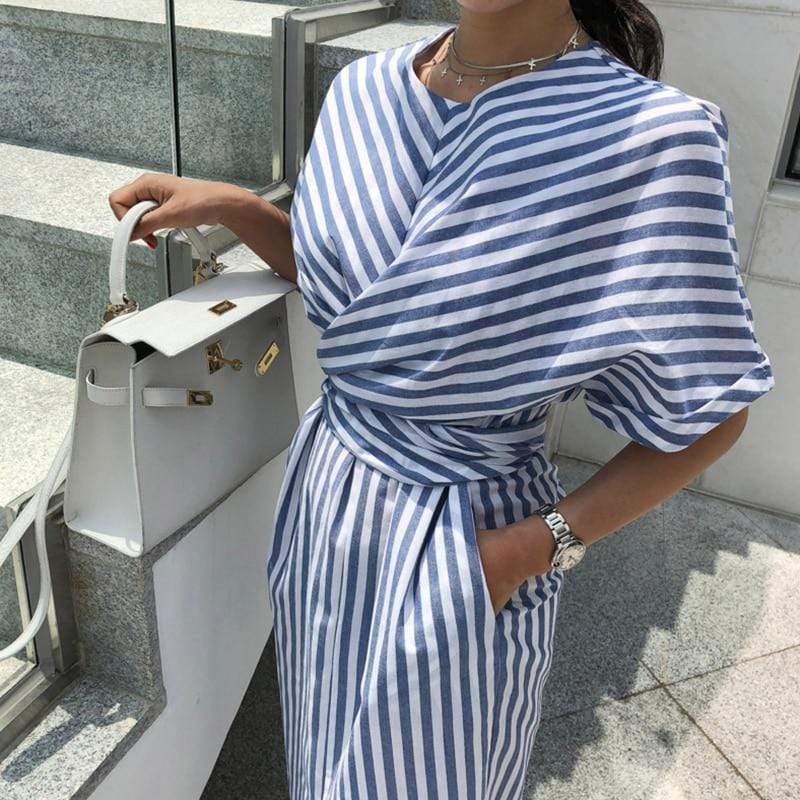 Buddha Trends Dress Blue and White Striped Bandage Dress