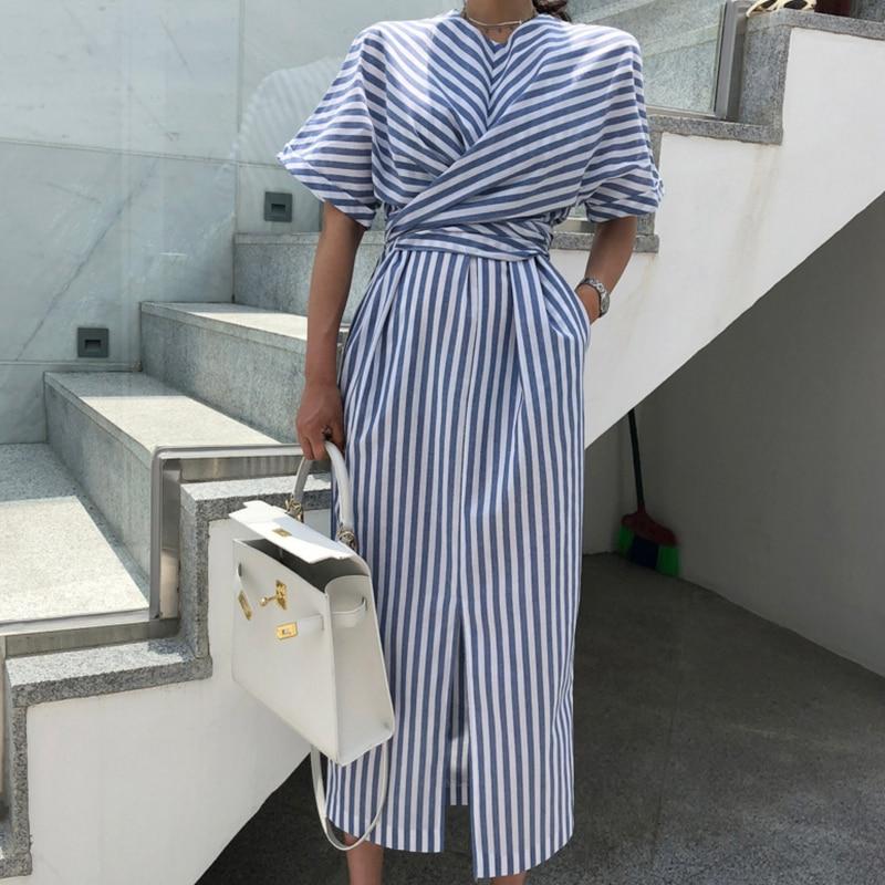 Buddha Trends Dress Blue and White Striped Bandage Dress