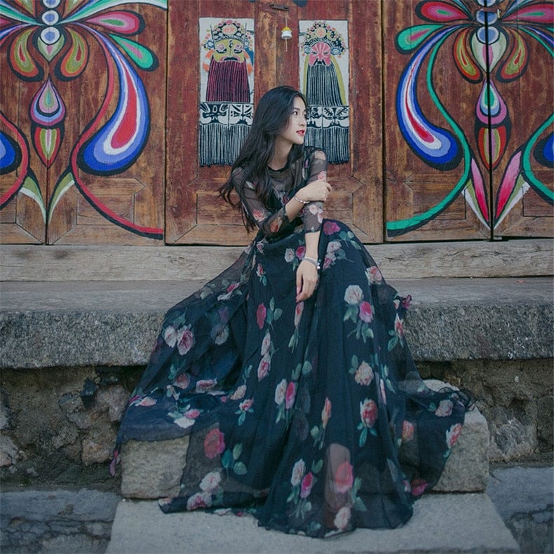 Boho Chic Black Floral Chiffon Maxi Dress