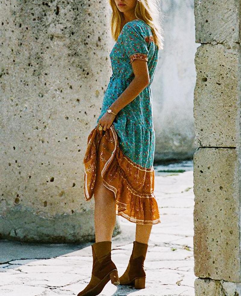Buddha Trends Dress Boho Hippie Floral Printed Midi Dress