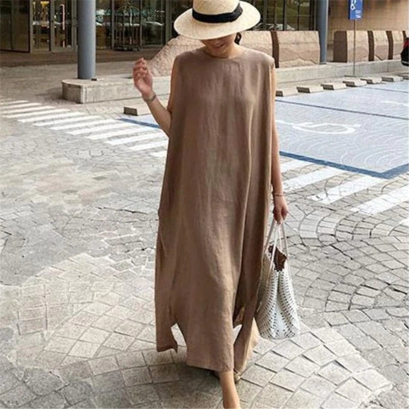 Buddha Trends Dress Brown / One Size Natural Asymmetry Cotton Linen Dress | Zen