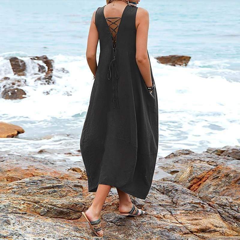 Buddha Trends Dress Casual V-neck Sleeveless Midi Dress