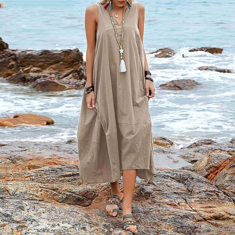 Buddha Trends Dress Casual V-neck Sleeveless Midi Dress