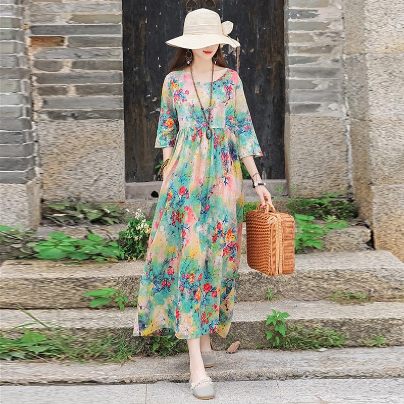 Buddha Trends Dress Green / M Palomita Vintage Cotton Linen Dress
