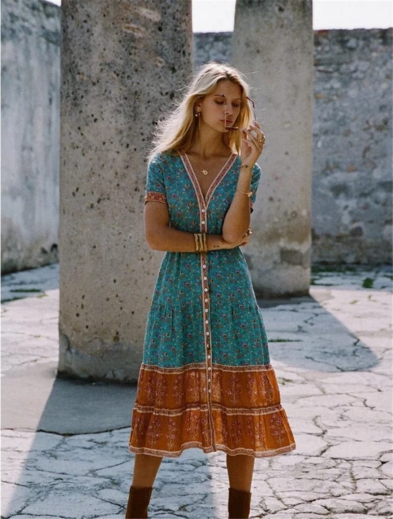 Buddha Trends Dress GREEN / S Boho Hippie Floral Printed Midi Dress