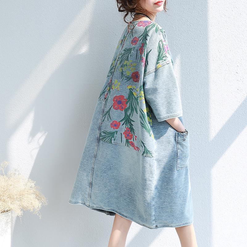Buddha Trends Dress Light Blue / One Size Loose Floral Printed Hippie Shirt Dress