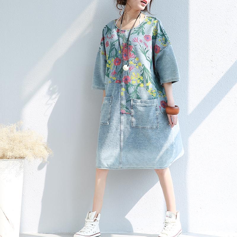 Buddha Trends Dress Light Blue / One Size Loose Floral Printed Hippie Shirt Dress