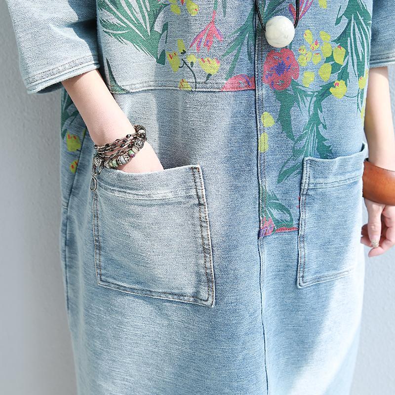 Buddha Trends Dress Light Blue / One Size Loose Floral Printed Hippie Shirt Dress